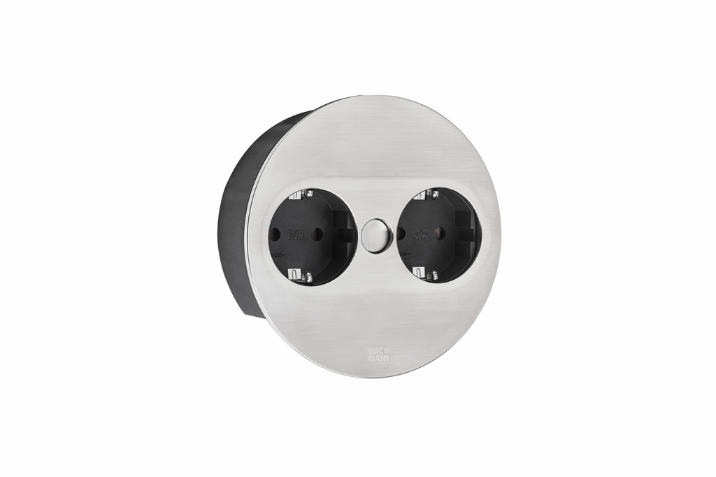 S14185_7053190_P1_DC Twist 2 dubbele contactdoos, Contactdooselement, rond, met veiligheidsstopcontacten, roestvrij staalkleurig - Afbeelding 1